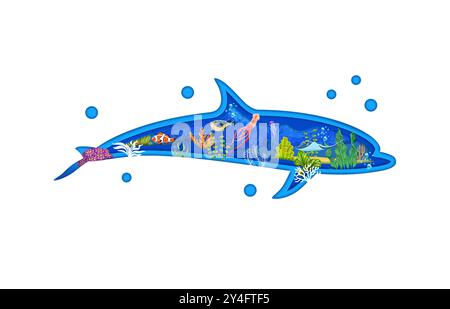 Cartoon dolphin paper cut silhouette, underwater landscape with ...