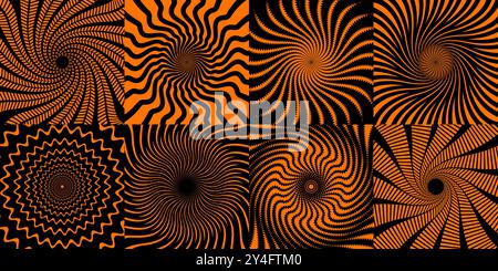 Psychedelic hypnotic Halloween spiral patterns of black orange wavy swirls. Helloween holiday vector backgrounds set of retro hippie tie dye zigzag spiral patterns with optical illusion effects Stock Vector