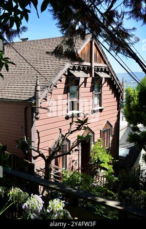 Historic 19th Century wooden house off Filbert St Steps on Telegraph Hill. Stock Photo