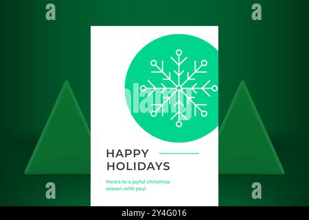 Winter snowflake green circle frame Merry Christmas greeting card template vector illustration. Happy New Year snowy ornamental ice crystal traditiona Stock Vector