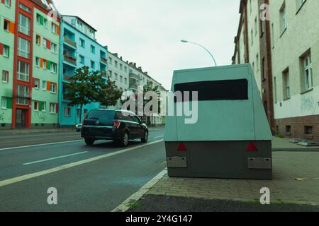 A mobile speed measuring device parked on the sidewalk, radar control ...