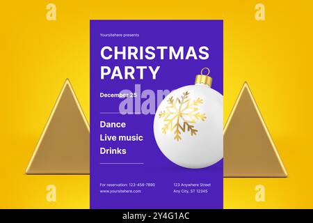 Xmas music disco event celebration advertising flyer template realistic 3d icon vector illustration. Violet premium Christmas party announcement promo Stock Vector