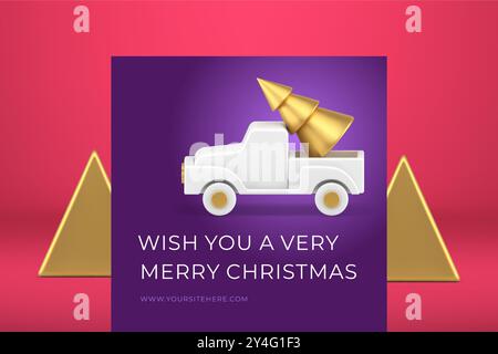 Happy winter holiday celebration modern purple greeting card pickup automobile with spruce bauble realistic 3d icon vector illustration. Merry Christm Stock Vector