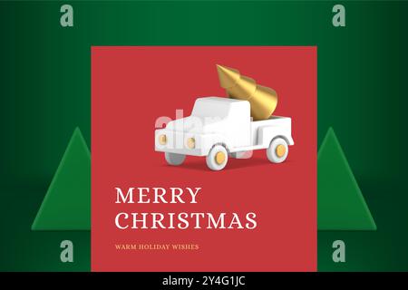 Merry Christmas greeting card automobile riding with Xmas spruce premium design realistic 3d icon vector illustration. Happy New Year web banner fir t Stock Vector