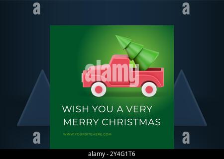 Merry Christmas winter seasonal holiday congratulations greeting card pickup car carrying spruce bauble realistic 3d icon vector illustration. Happy N Stock Vector