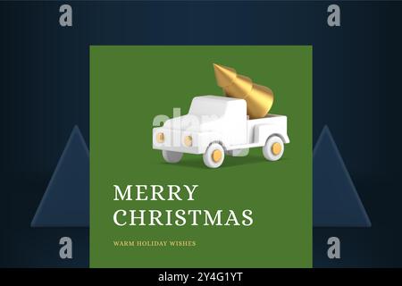 Winter holiday congratulations green greeting card pickup auto with spruce realistic 3d icon vector illustration. Merry Christmas celebration web post Stock Vector