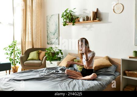 In a tranquil bedroom, a young woman engages in a phone conversation, contemplating her daily life and challenges. Stock Photo