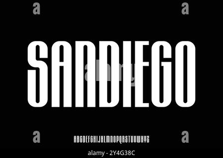 Modern tall condensed sans serif alphabet display font vector. San diego typeface Stock Vector