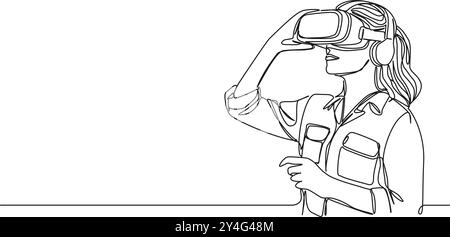 continuous single line drawing of woman wearing VR headset, line art vector illustration Stock Vector