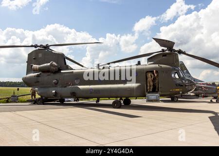 British Royal Air Force Boeing CH-47 Chinook military transport helicopter at the Berlin ILA. Berlin, Germany - June 2, 2016 Stock Photo