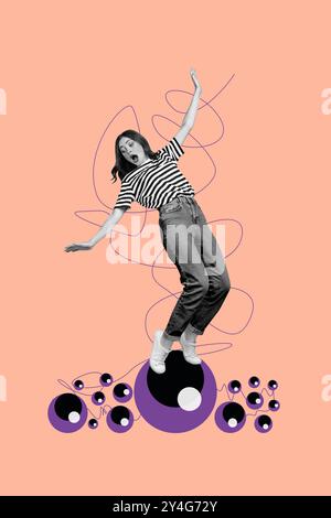 Composite artwork sketch image photo collage of eyeball watch spy privacy surveillance young lady stand confused face model posing Stock Photo