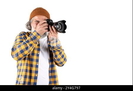 Male photographer with professional camera on white or transparent background Stock Photo
