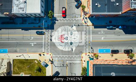Aerial Top Down View of Cat Mural at City Intersection with Pedestrian Paw Prints Stock Photo