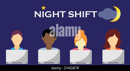 Four people working in front of laptops, the text night shift, moon, star and clouds Stock Vector