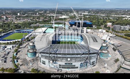 An aerial view of the Etihad Stadium and the constriction of the new stand during the UEFA Champions League league stage match Manchester City vs Inter Milan at Etihad Stadium, Manchester, United Kingdom, 18th September 2024  (Photo by Mark Cosgrove/News Images) in Manchester, United Kingdom on 9/18/2024. (Photo by Mark Cosgrove/News Images/Sipa USA) Stock Photo