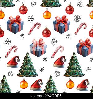Seamless disco mirror ball template new year, Christmas tree, gift, caramel cane, santa hat. Mosaic style vector Stock Vector