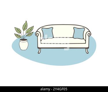 Sofa with blue pillows and an indoor plant in pot, cozy home interior flat design. Hand drawn contour drawing. Vector illustration Stock Vector