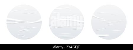 Glued white circle paper sheets set. Vector isolated realistic crumpled posters bundle. Wet greased wrinkles blank template texture. Empty advertising Stock Vector