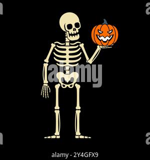 Skeleton holding a carved pumpkin for Halloween decoration Stock Vector