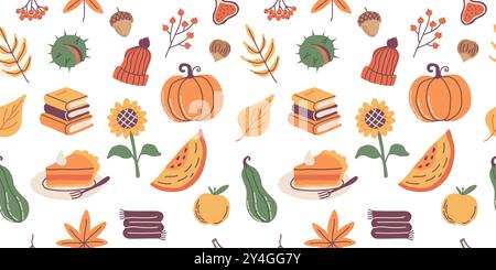 Autumn seamless pattern, cute hand drawn seasonal objects. Vector illustration in flat style Stock Vector