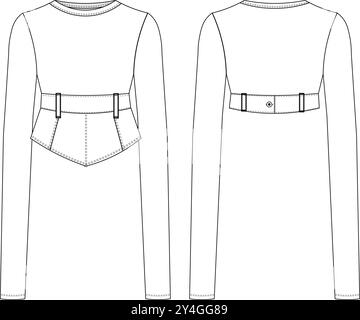 jean belted cropped blouse sweater technical drawing flat sketch mockup cad fashion woman Stock Vector