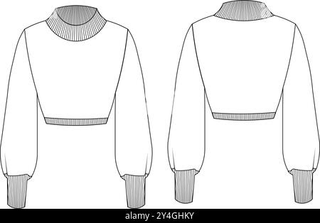 cropped turtleneck long balloon sleeve sweater knitwear pullover technical drawing flat sketch template cad mockup fashion woman Stock Vector