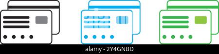 A vector illustration of multiple credit cards in three different colors: black, blue, and green. The image represents finance, payment methods. Stock Vector
