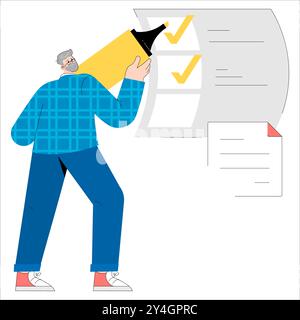 Senior businessman completing checklist with a large pen, ensuring project progress. Task management and confirmation. Vector illustration. Stock Vector