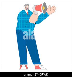 Energetic senior businessman with megaphone making an announcement in a stylish blue suit. Vector illustration. Stock Vector
