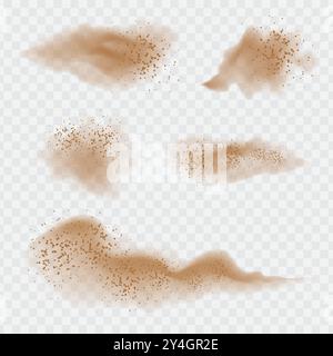 Set of clouds of dust or sand isolated on transparent background. Air pollution Stock Vector