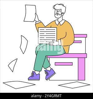Businessman concept. A man analyzing documents while seated on a bench with papers scattered around. Office outdoor work, paperwork review. Vector illustration. Stock Vector