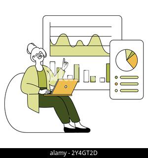 Experienced businesswoman analyzes data trends on laptop with charts and graphs in background. Office productivity and analysis concept. Vector illustration. Stock Vector