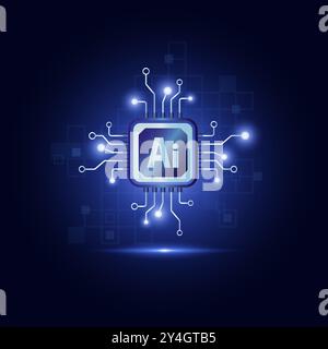 Electronic circuit chip processor, Smart technology artificial intelligence AI, Vector illustration icon gradient blue Stock Vector