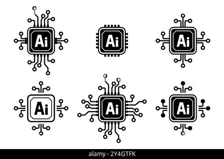 Electronic chip AI processor icon set, Artificial intelligence silhouette logo icon, Digital IT technology, Vector illustration Stock Vector