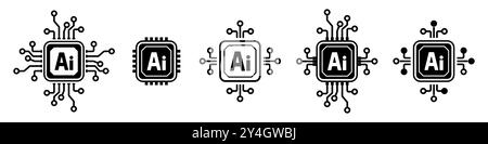 Electronic chip AI processor icon set, Artificial intelligence silhouette logo icon, Digital IT technology, Vector illustration Stock Vector
