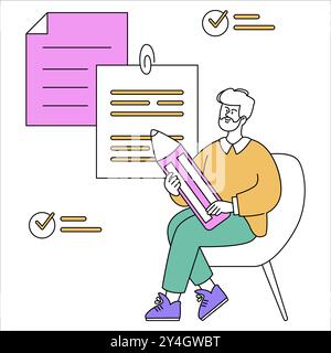 Businessman concept. A professional in casual attire reviews large notes, indicating organization and planning. Efficient workflow management. Vector illustration. Stock Vector