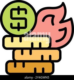 Dollar coin burning on stack of coins is representing the concept of inflation Stock Vector