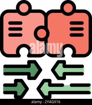 Two puzzle pieces connecting representing a data integration process with arrows showing data flow Stock Vector