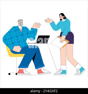 Experienced businessman and young colleague interacting in a modern office setting. Mentorship and corporate discussion. Vector illustration. Stock Vector