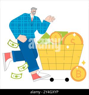 Senior executive with shopping cart full of money and cryptocurrency. Investment strategy and wealth growth concept. Vector illustration. Stock Vector