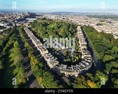 Aerial view of Carlton, Regent and Royal terrace located on the east side of Calton Hill part of the Edinburgh New Town Unesco World Heritage site. Stock Photo