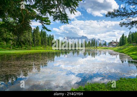 Lake Antorno and Sorapiss mountains in the background. Dolomites mountains. Auronzo di Cadore, province of Belluno, Veneto region, Italy, Europe. Stock Photo