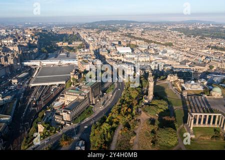 Aerial drone view of the National Monument, Nelson Monument and the City observatory on Canton Hill, Edinburgh, Scotland. Stock Photo