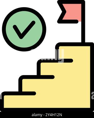 Colorful cartoon icon of stairs leading to a flag on top, with a check mark representing achievement Stock Vector