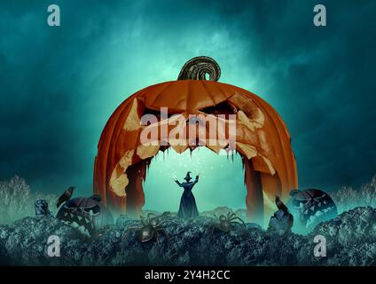 Magical Halloween witch background as a mystical wicked wizard casting a magic spell as a spooky scary autumn holiday symbol. Stock Photo