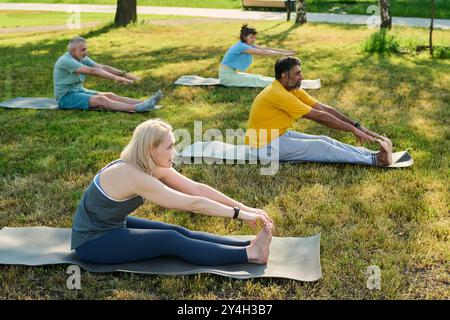 Side view of female fitness instructor and group of elderly intercultural men and woman doing stretching exercise on green lawn Stock Photo