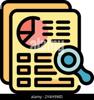 Magnifying glass is inspecting a financial report, highlighting the importance of careful examination and analysis Stock Vector