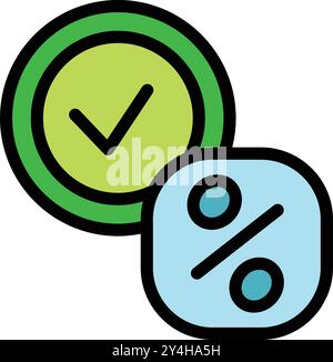 Green tick icon is hovering over a blue percentage symbol, signifying approval for a discount Stock Vector
