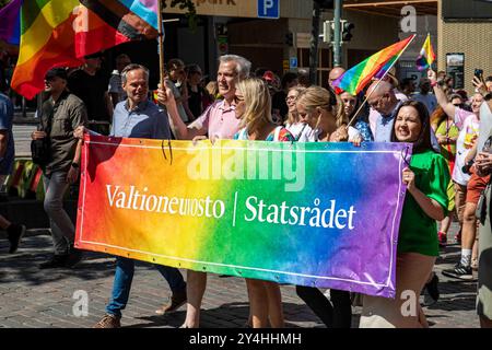 Ministers Kai Mykkänen, Anders Adlercreutz, Sari Multala, Sandra Bergqvist and Sanni Grahn-Laasonen at Helsinki Pride 2024 parade in Helsinki, Finland Stock Photo