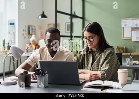 Smiling colleagues engaging with laptop in a modern office space featuring books, plants, and art while brainstorming and collaborating on project Stock Photo